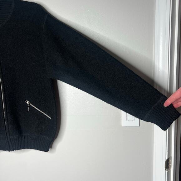 Vintage Black Boucle Wool Bomber Jacket Full Zip Womens Small Pockets Streetwear - Picture 5 of 11